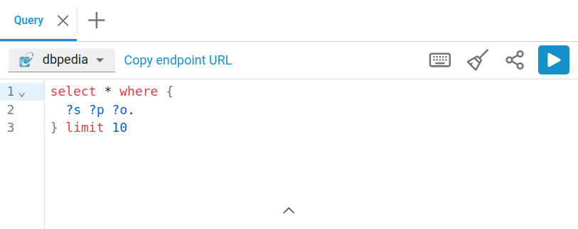 Interface de requête sur la plateforme TriplyDB, permettant d’effectuer des requêtes SPARQL sur le jeu de données de DBpedia hébergé sur cette plateforme. L’interface présente par défaut une requête SPARQL générique.